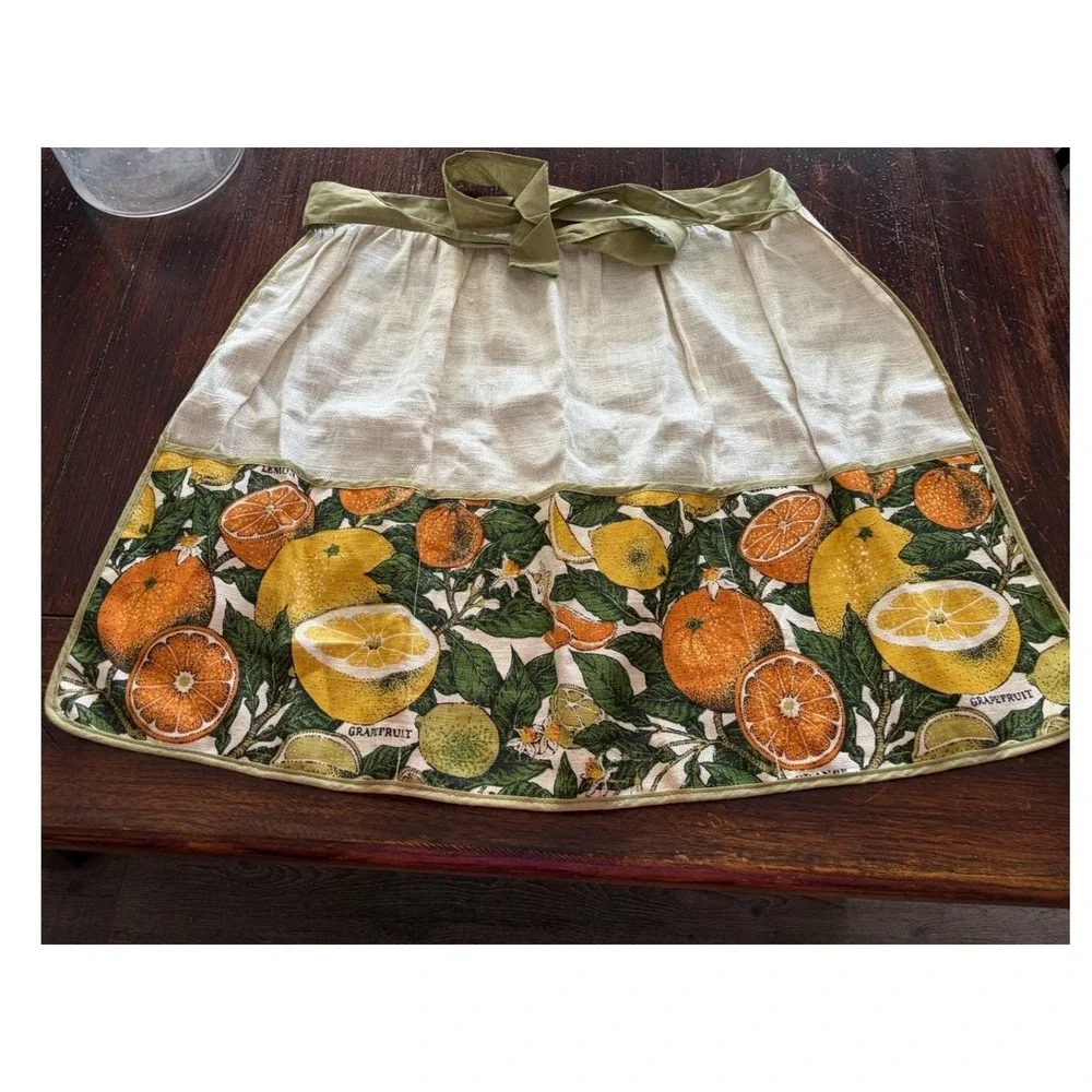 Vintage Citrus Fruit Botanical Print Linen Half Apron Orange Lemon Grapefruit